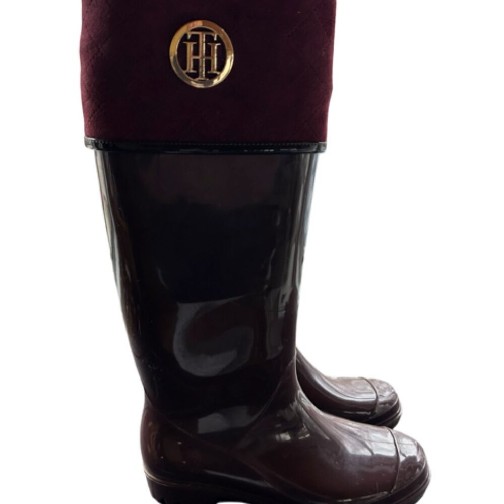 Tommy Hilfiger Rubber Dark Red Merlot Purple Tall Rain Snow Boots Women’s Sz 8M